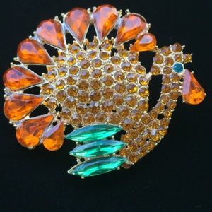 RHINESTONE THANKSGIVING TURKEY BIRD PIN BROOCH LRG